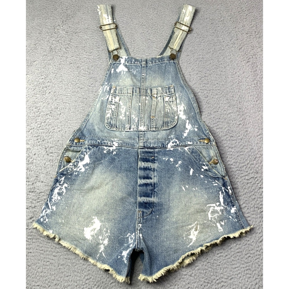 THE GREAT Overalls Womens 0 The Cut Off in Paint Wash Raw Hem Overall Shorts